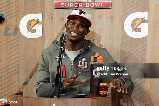 Julio Jones of the Atlanta Falcons speaks with the media during Super Bowl 51 Opening Night at Minute Maid Park on January 30, 2017 in Houston, Texas.