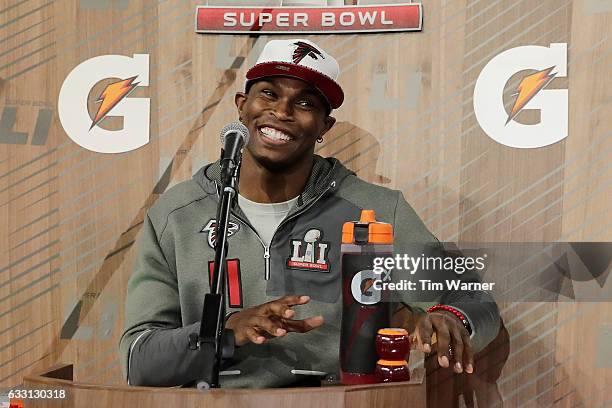 Julio Jones of the Atlanta Falcons speaks with the media during Super Bowl 51 Opening Night at Minute Maid Park on January 30, 2017 in Houston, Texas.