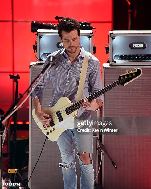 Jared Followill of Kings Of Leon performs on stage on AT&T at iHeartRadio Theater LA on January 30, 2017 in Burbank, California.