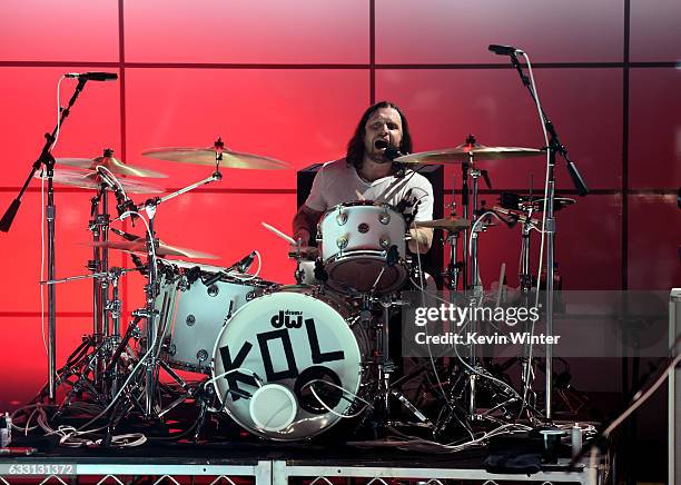 Nathan Followil of Kings Of Leon performs on stage on AT&T at iHeartRadio Theater LA on January 30, 2017 in Burbank, California.