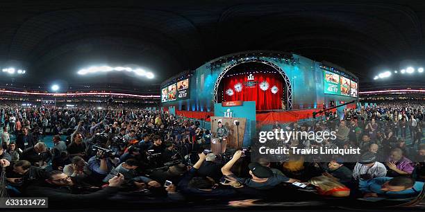 Tom Brady of the New England Patriots speaks with the media during Super Bowl 51 Opening Night at Minute Maid Park on January 30, 2017 in Houston,...