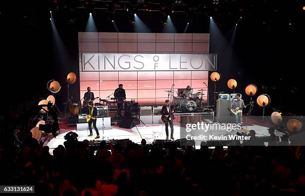 Musical group Kings Of Leon perform on stage on AT&T at iHeartRadio Theater LA on January 30, 2017 in Burbank, California.