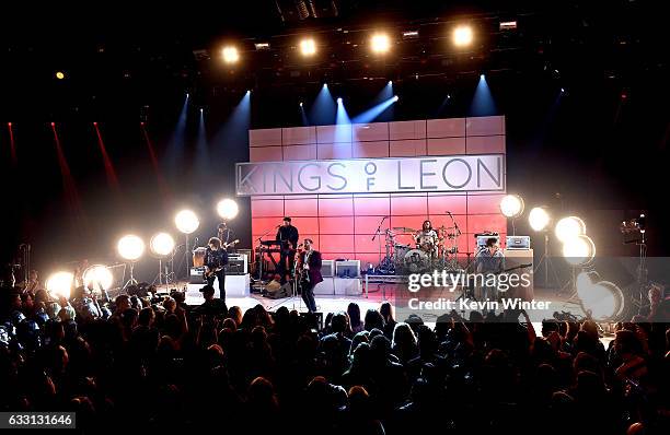 Musical group Kings Of Leon perform on stage on AT&T at iHeartRadio Theater LA on January 30, 2017 in Burbank, California.