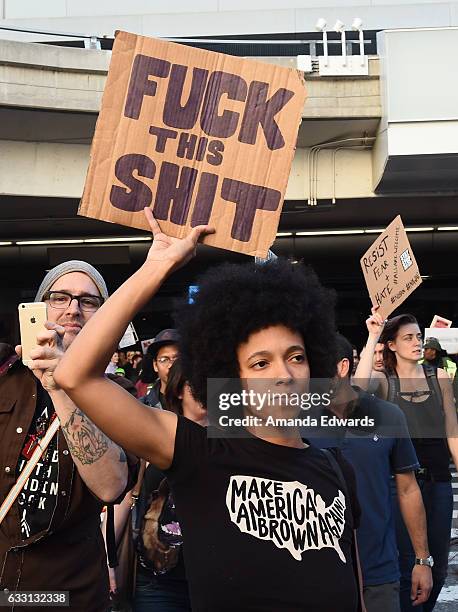 Protesters rally against the Muslim immigration ban imposed by U.S. President Donald Trump at Los Angeles International Airport on January 29, 2017...