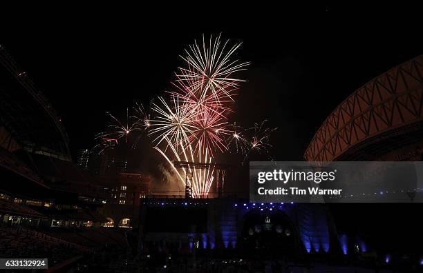 Fireworks explode after the Super Bowl LI Opening Night at Minute Maid Park on January 30, 2017 in Houston, Texas.