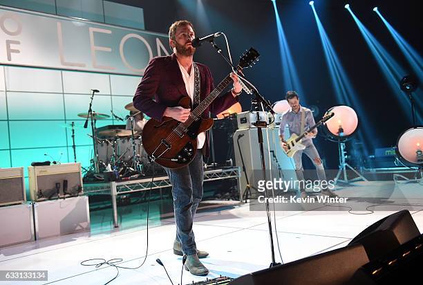 Caleb Followill and Jared Followill of Kings Of Leon perform on stage on AT&T at iHeartRadio Theater LA on January 30, 2017 in Burbank, California.