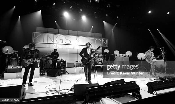 Musical group Kings Of Leon perform on stage on AT&T at iHeartRadio Theater LA on January 30, 2017 in Burbank, California.