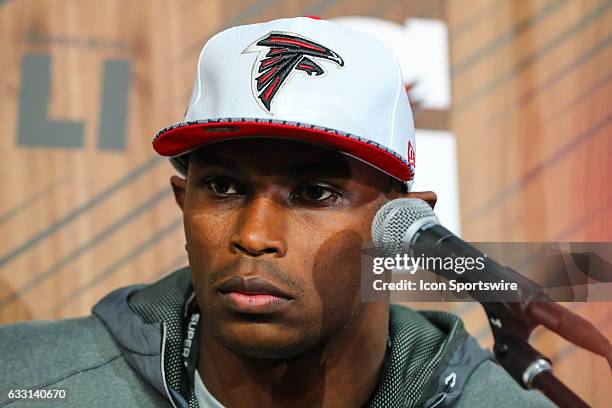 Atlanta Falcons wide receiver Julio Jones answers questions from the media during Super Bowl Opening Night on January 30 at Minute Maid Park in...