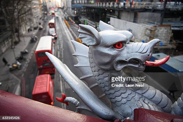 Traditional dragon statue marks the boundary of the City of London, in the financial district, also known as the Square Mile, on January 24, 2017 in...
