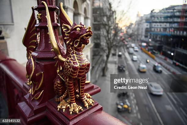 Traditional dragon statue marks the boundary of the City of London, in the financial district, also known as the Square Mile, on January 24, 2017 in...