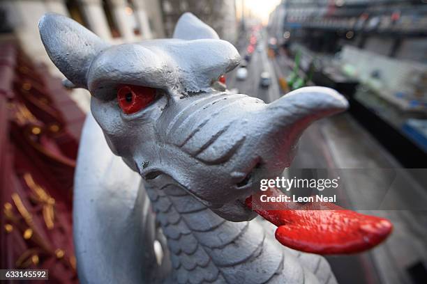 Traditional dragon statue marks the boundary of the City of London, in the financial district, also known as the Square Mile, on January 24, 2017 in...