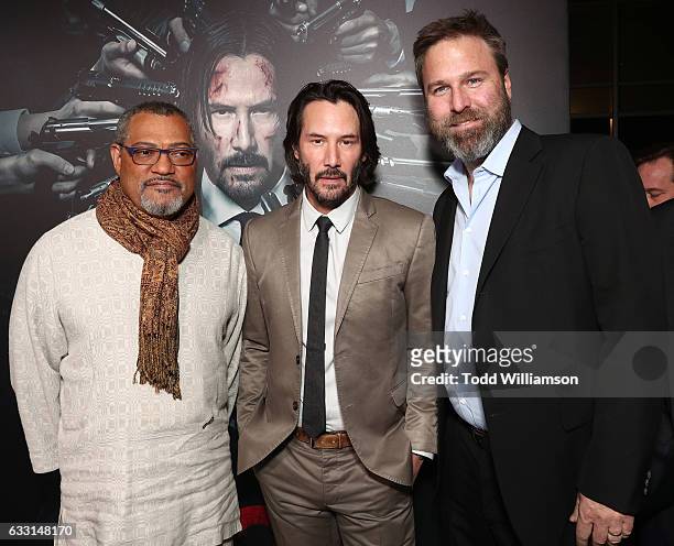 Laurence Fishburne, Keanu Reeves and Producer Basil Iwanyk attend the Premiere Of Summit Entertainment's "John Wick: Chapter Two at ArcLight...