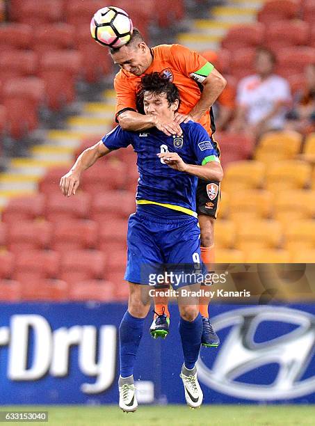Jade North of the Roar and Misagh Bahadoran of Global FC challenge for the ball during the Asian Cup Champions League Qualifying Match between...