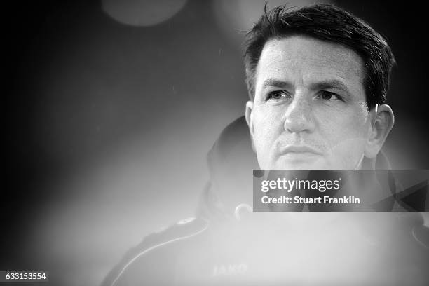 Daniel Stendel, head coach of Hannover looks on during the Second Bundesliga match between Hannover 96 and 1. FC Kaiserslautern at HDI-Arena on...