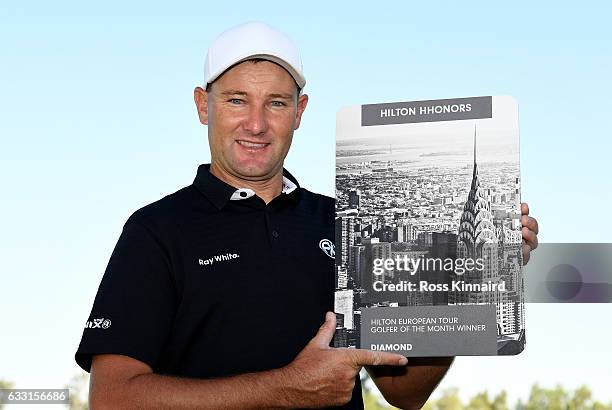 Sam Brazel of Australia pictured with the Hilton European Tour golfer of the year award for December 2016 during a practice round prior to the Omega...