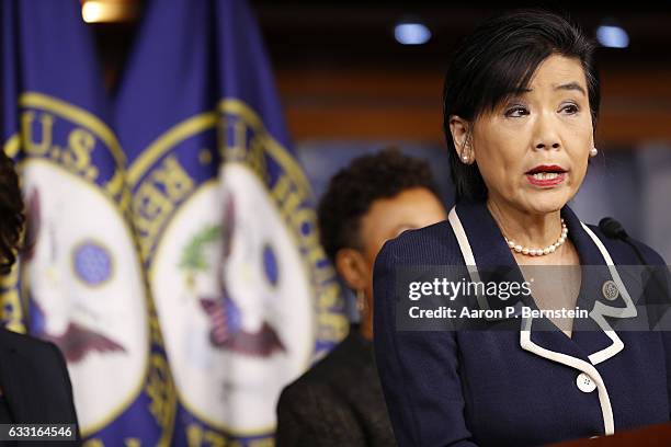 Rep. Judy Chu speaks at a press conference on Capitol Hill January 31, 2017 in Washington, DC. Chu, along with Rep. Maxine Waters , called for...