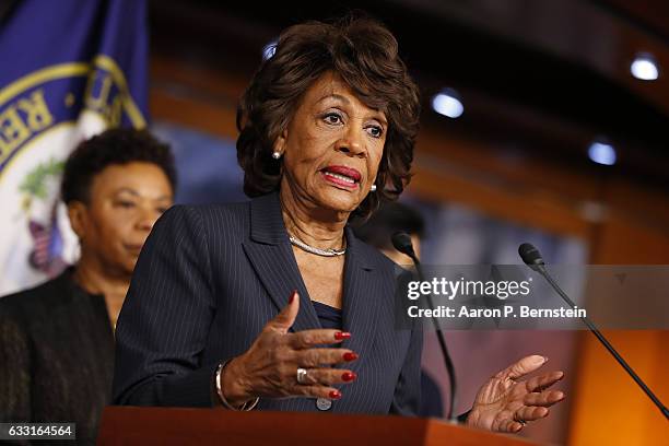 Rep. Maxine Waters speaks at a press conference on Capitol Hill January 31, 2017 in Washington, DC. Waters called for investigation into Trump...