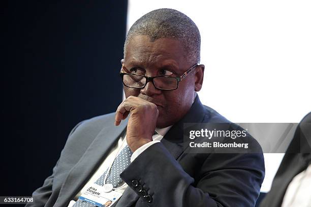 Aliko Dangote, billionaire and chief executive officer of Dangote Group, pauses during a panel session at the World Economic Forum in Davos,...