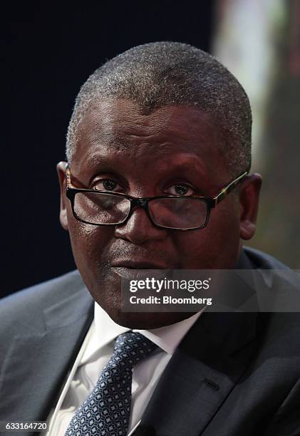 Aliko Dangote, billionaire and chief executive officer of Dangote Group, speaks during a panel session at the World Economic Forum in Davos,...