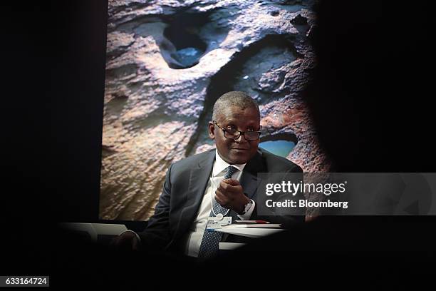 Aliko Dangote, billionaire and chief executive officer of Dangote Group, speaks during a panel session at the World Economic Forum in Davos,...