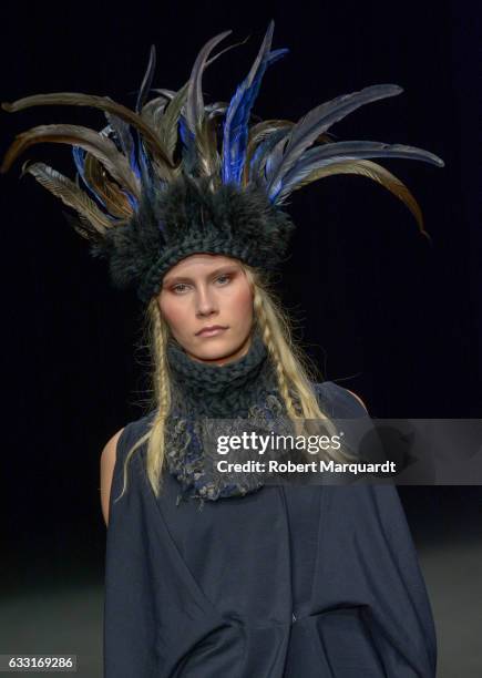 Model walks the runway at the Txell Miras show during the Barcelona 080 Fashion Week Autumn/Winter 2017 at Teatre Naciona de Catalunya on January 31,...