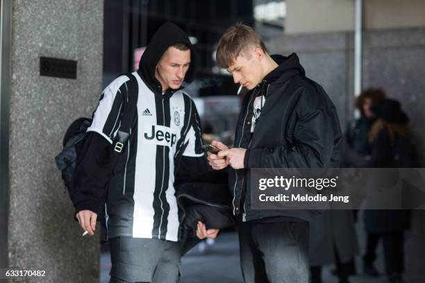 Model in a Jeep soccer jersey outside New York Men's Day at Dune Studios on January 30, 2017 in New York City.