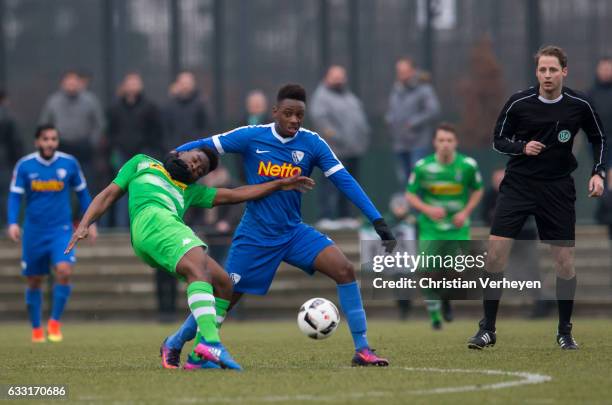 Ba-Muaka Simakala of Borussia Moenchengladbach battles for the ball during the Friendly Match between Borussia Moenchengladbach and VfL Bochum at...