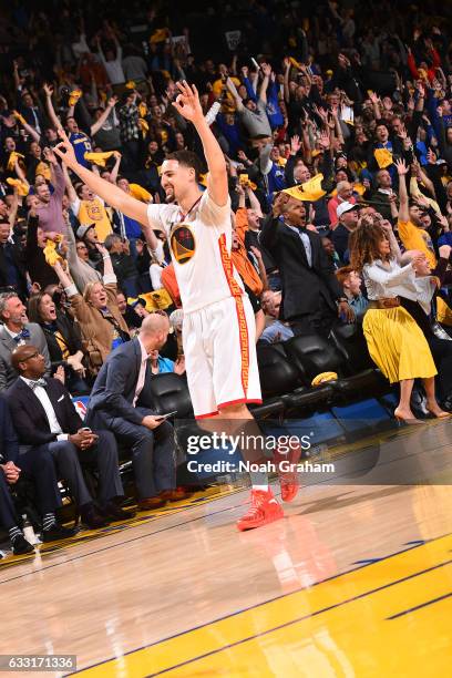 Klay Thompson of the Golden State Warriors celebrates a three point basket during the game against the Los Angeles Clippers on January 28, 2017 at...