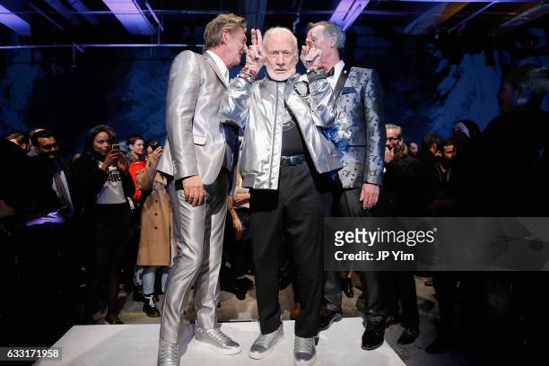 Nick Graham, Buzz Aldrin and Bill Nye pose on the runway at the Nick Graham NYFW Men's F/W '17 show on January 31, 2017 in New York City.