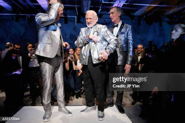 Nick Graham, Buzz Aldrin and Bill Nye pose on the runway at the Nick Graham NYFW Men's F/W '17 show on January 31, 2017 in New York City.