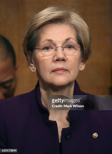 Sen. Elizabeth Warren listens to comments during a Senate Health, Education, Labor and Pensions committee hearing on Capitol Hill, January 31, 2017...