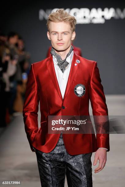 Model walks the runway at the Nick Graham NYFW Men's F/W '17 show on January 31, 2017 in New York City.