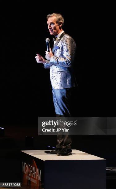 Bill Nye speaks on the runway at the Nick Graham NYFW Men's F/W '17 show on January 31, 2017 in New York City.