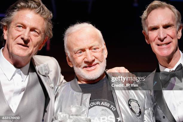 Nick Graham, Buzz Aldrin and Bill Nye pose on the runway at the Nick Graham NYFW Men's F/W '17 show on January 31, 2017 in New York City.