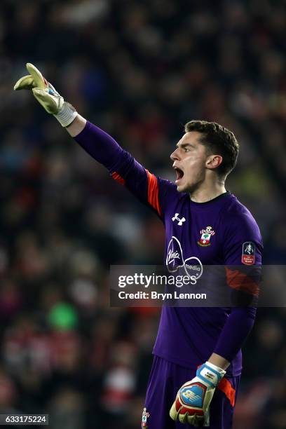 Harry Lewis of Southampton instructs his team during The Emirates FA Cup Fourth Round match between Southampton and Arsenal at St Mary's Stadium on...