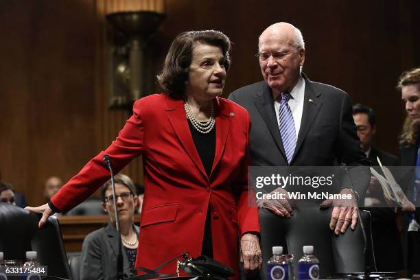 Sen. Dianne Feinstein and Sen. Patrick Leahy arrive for the Senate Judiciary Committee's 'markup' on the nomination of Sen. Jeff Sessions to be the...