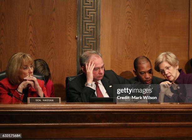 Sen. Maggie Hassan , Sen. Tim Kaine and Sen. Elizabeth Warren , participate in a Senate Health, Education, Labor and Pensions committee hearing on...