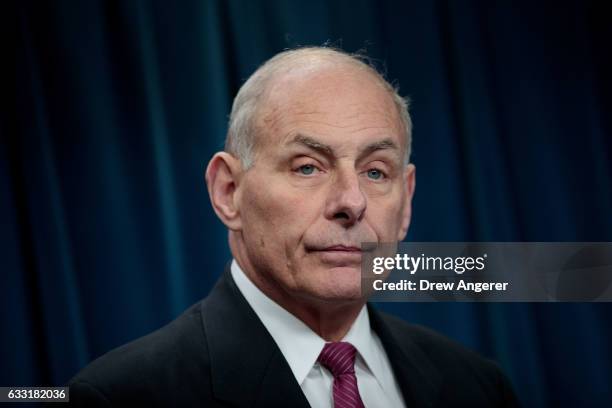 Secretary of Homeland Security John Kelly answers questions during a press conference related to President Donald Trump's recent executive order...