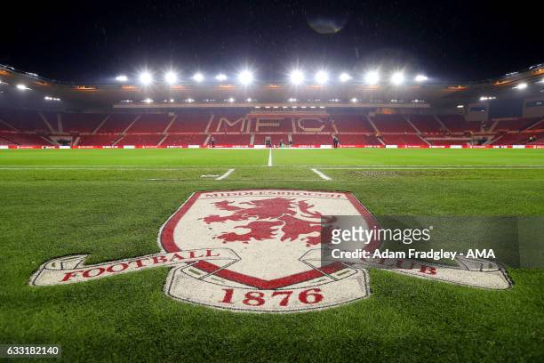 Middlesbrough crest / badge on the pitch at the Riverside at the entrance to the players tunnel prior to the Premier League match between...