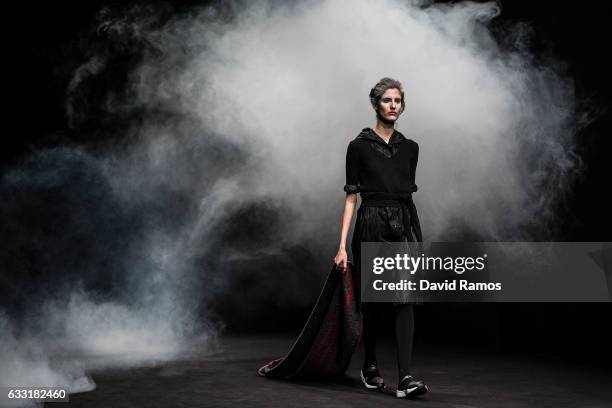 Model walks the runway at the Oscarleon show during the Barcelona 080 Fashion Week Autumn/Winter 2017 at Teatre Nacional de Catalunya on January 31,...