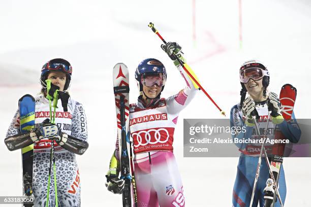 Veronika Velez Zuzulova of Slovakia takes 2nd place, Mikaela Shiffrin of USA takes 1st place, Nina Loeseth of Norway takes 3rd place during the Audi...