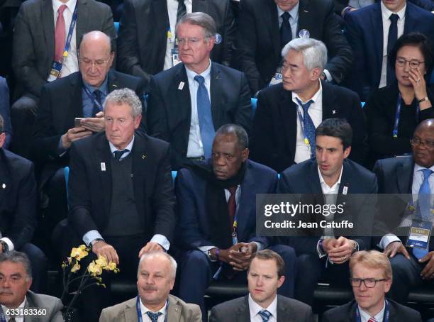 Guy Drut, Issa Hayatou, Tony Estanguet, above center Bernard Lapasset attend the 25th IHF Men's World Championship 2017 Final between France and...