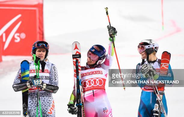 Mikaela Shiffrin reacts after wining the final at the FIS Ski World Cup Parallel Slalom city event at Hammarbybacken in Stockholm on January 31,...
