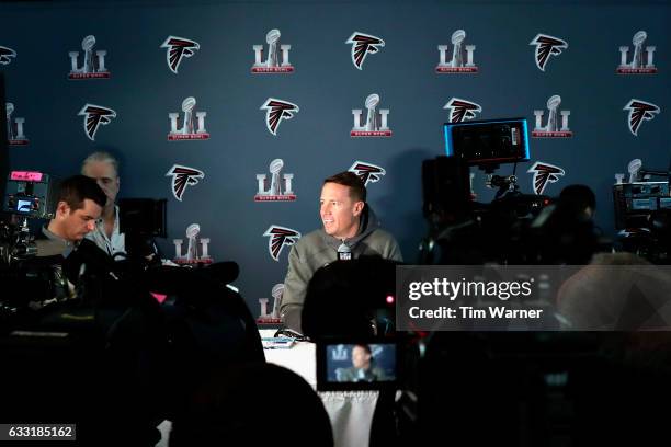 Matt Ryan of the Atlanta Falcons addresses the media at the Super Bowl LI press conference on January 31, 2017 in Houston, Texas.