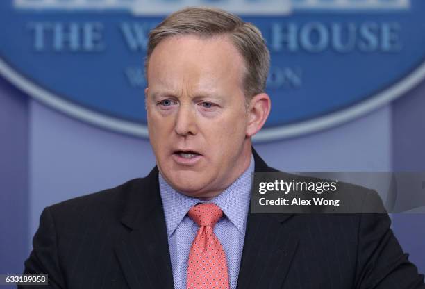 White House Press Secretary Sean Spicer speaks during the daily press briefing at the James Brady Press Briefing Room of the White House January 31,...