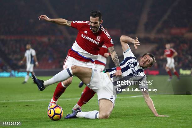 Alvaro Negredo of Middlesbrough is challenged by Gareth McAuley of West Bromwich Albion in the box resulting in a penalty to Middlesbrough during the...