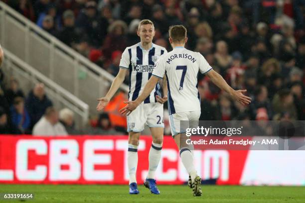 James Morrison of West Bromwich Albion celebrates after scoring a goal to make it 0-1 during the Premier League match between Middlesbrough and West...