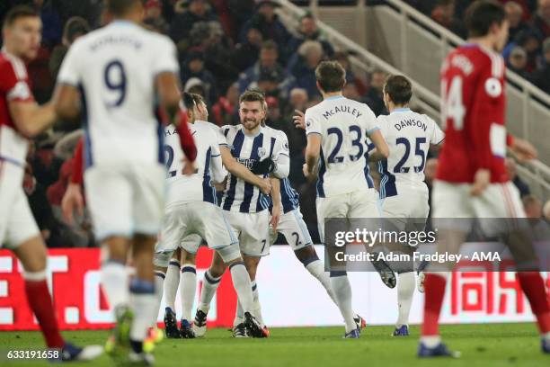 James Morrison of West Bromwich Albion celebrates after scoring a goal to make it 0-1 during the Premier League match between Middlesbrough and West...