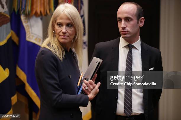 White House Counselor to the President Kellyanne Conway and Senior Advisor for Policy Stephen Miller wait for the arrival of U.S. President Donald...