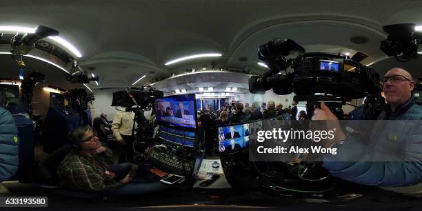 Members of the media cover the daily White House press briefing as Press Secretary Sean Spicer speaks in the James Brady Press Briefing Room of the...